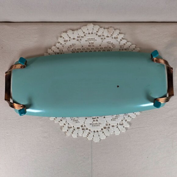 Vintage Turquoise Wheat Motif Enamel Serving Tray With Copper Handles - Picture 9 of 10